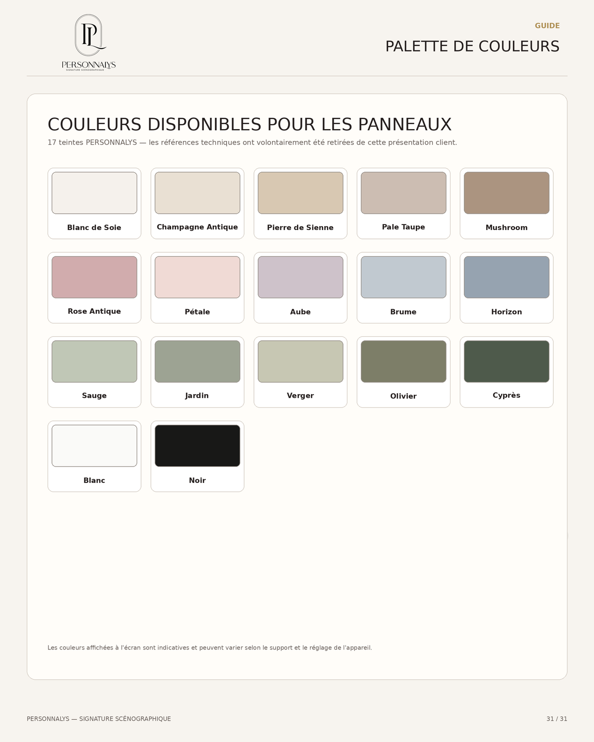 Palette des couleurs disponibles pour les panneaux PERSONNALYS