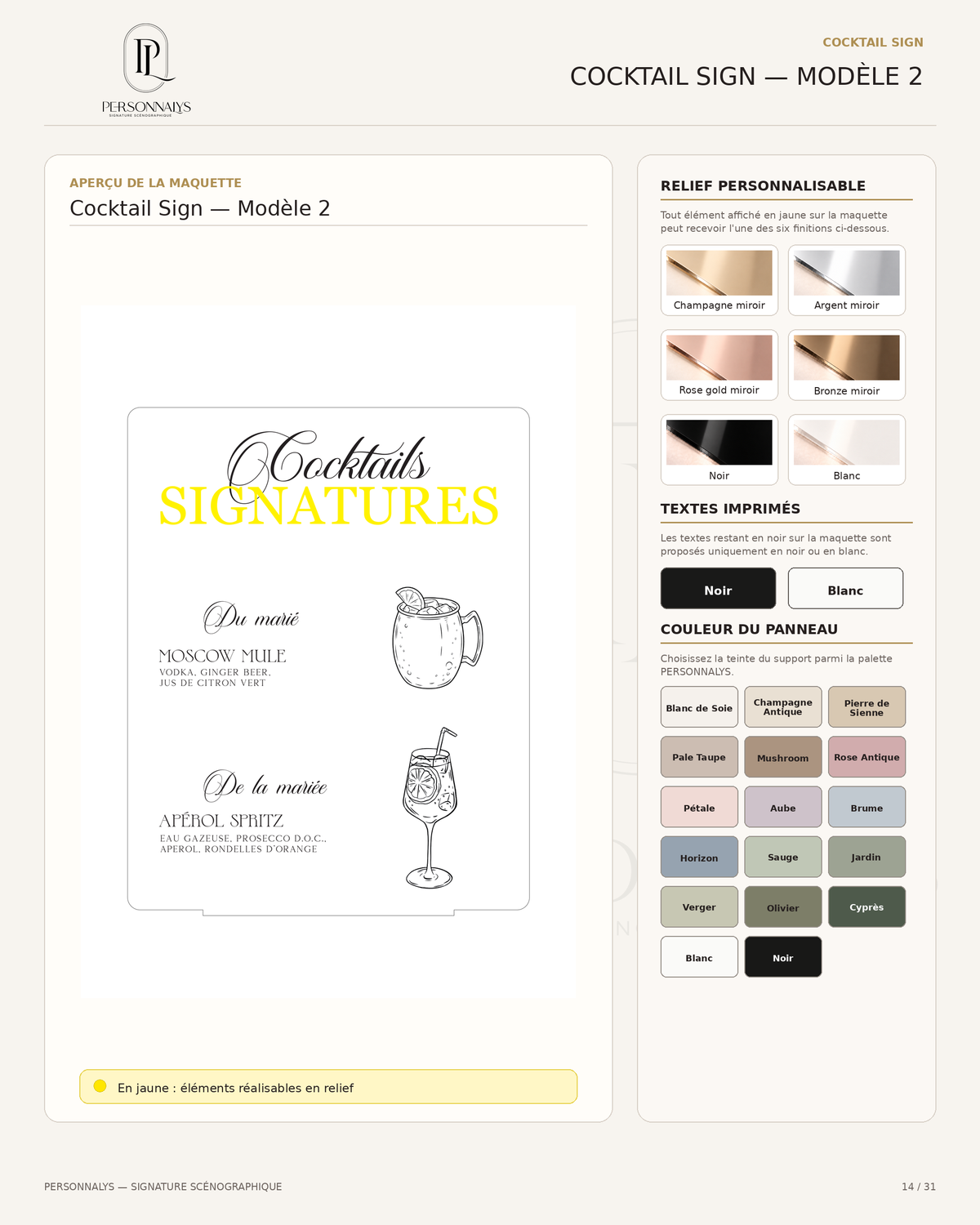 Options de personnalisation du Cocktail Sign modèle 2 PERSONNALYS