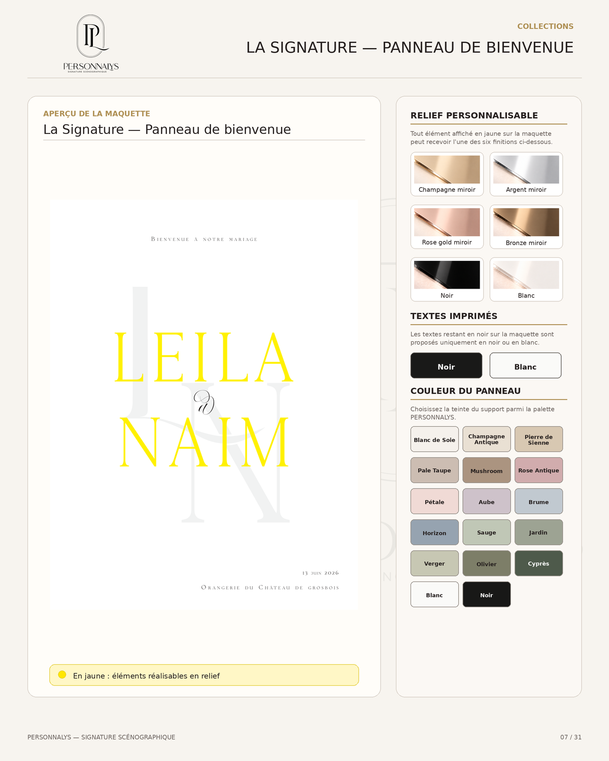 Options de personnalisation du panneau de bienvenue La Signature PERSONNALYS