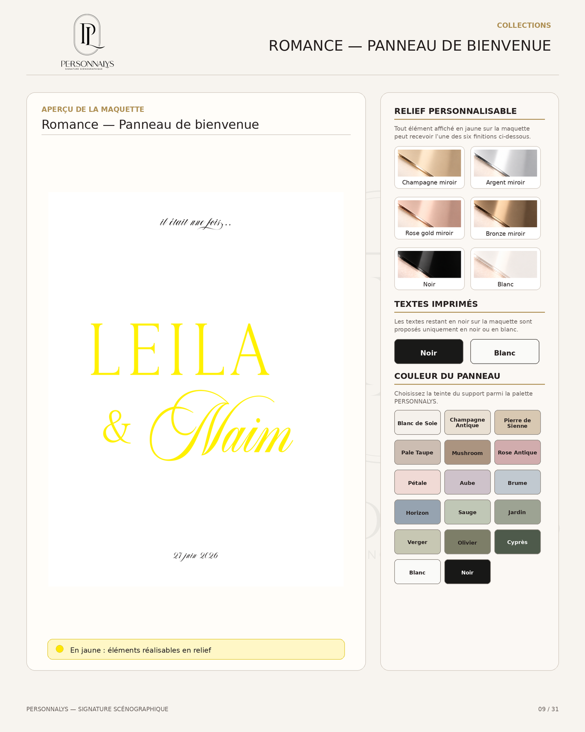 Options de personnalisation du panneau de bienvenue Romance PERSONNALYS