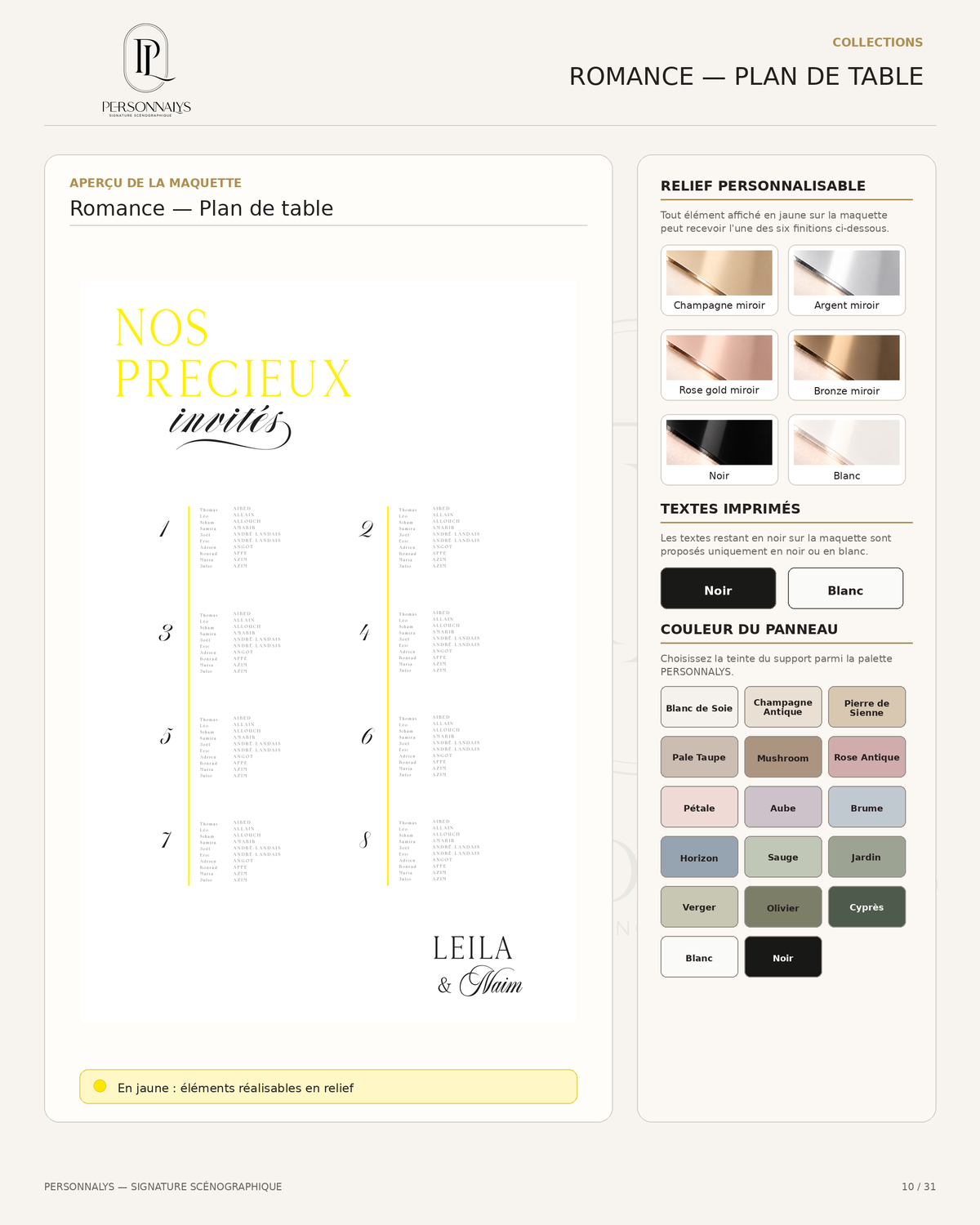 Options de personnalisation du plan de table Romance PERSONNALYS